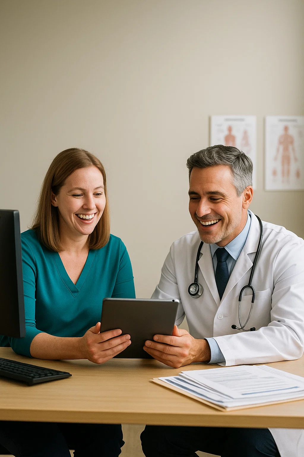 Professional female medical biller wearing a teal shirt sits at a desk with a smiling doctor in a white lab coat and stethoscope, collaborating over patient billing details on a tablet in a well-lit, organized medical office with neutral décor.