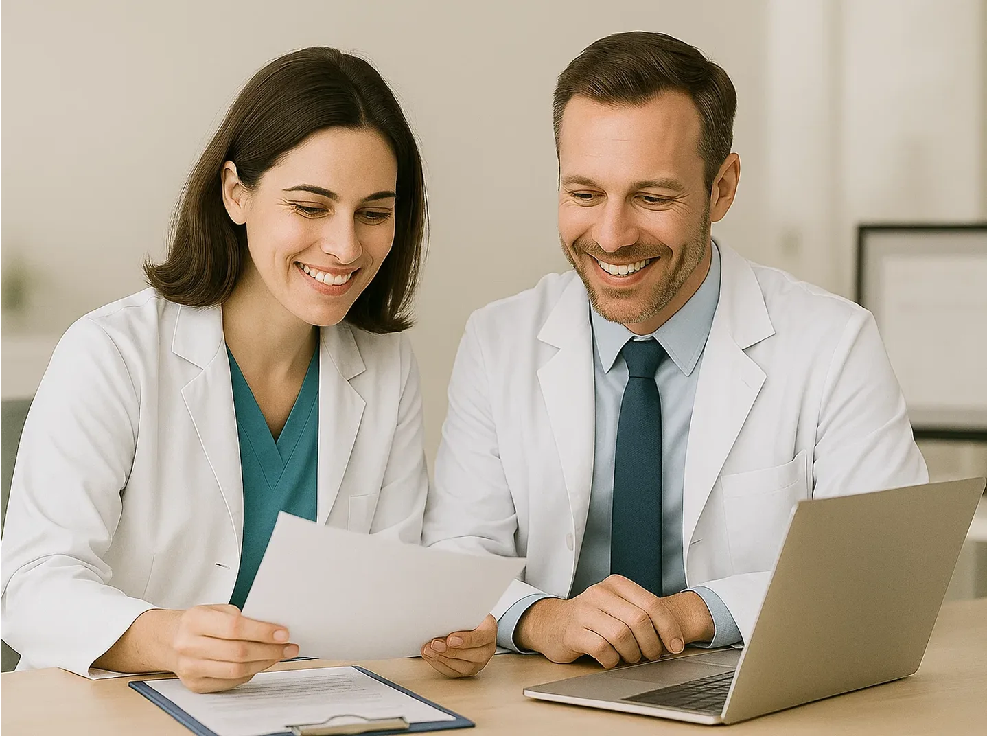 Two smiling doctors reviewing patient records on a laptop at a desk, highlighting professional healthcare collaboration.