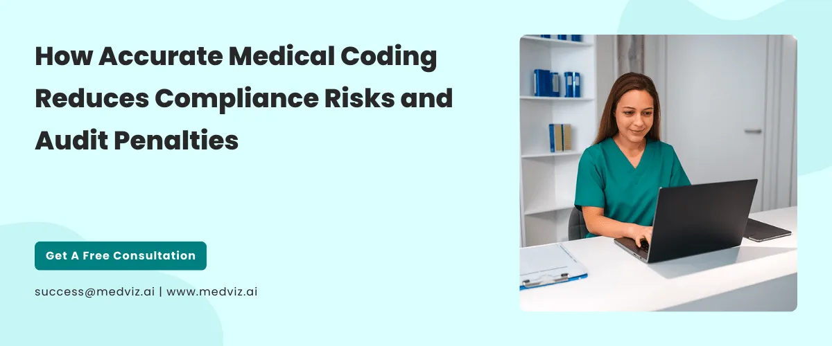 Healthcare professional in green scrubs working on a laptop at a desk, with text promoting accurate medical coding to reduce compliance risks and audit penalties, and offering a free consultation from Medviz Systems