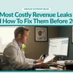 Physician reviewing patient charts and revenue cycle data on a computer in a medical office, representing the analysis of costly RCM revenue leaks before 2026.